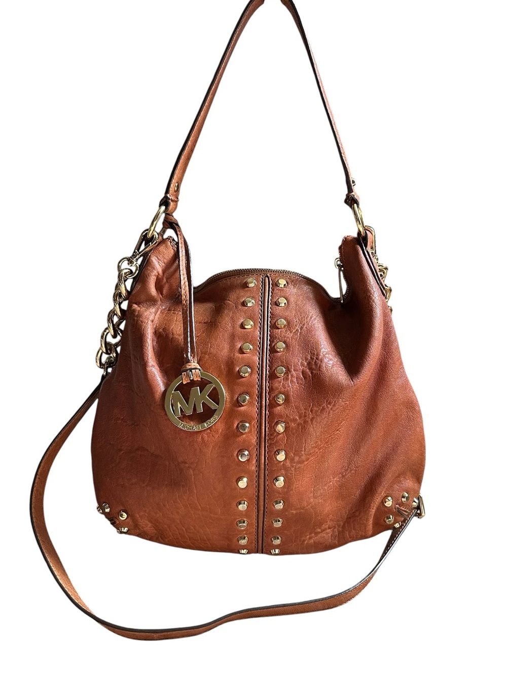 Y2K Michael Kors Uptown Astor Studded Leather Hobo Bag Removable Strap Cognac